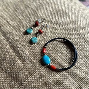 Turquoise and red coral earrings/bracelet